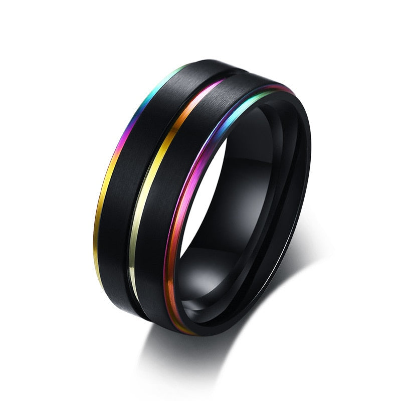 Stainless Steel Basic Ring for Men With Rainbow Line Classic Male Wedding Band Multi Color Jewelry Fraternal Rings