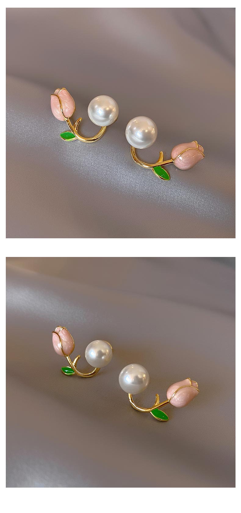 French Elegant Pink Tulip Flower Pearl Back Earrings