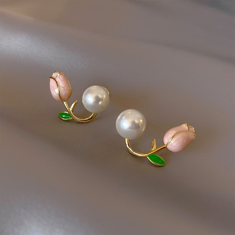 French Elegant Pink Tulip Flower Pearl Back Earrings