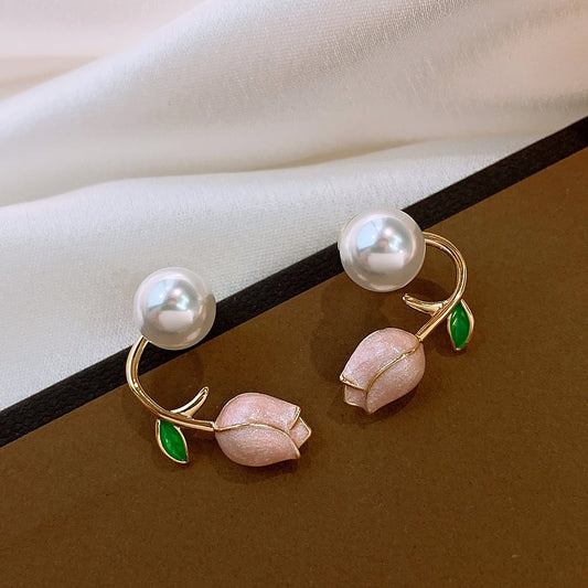 French Elegant Pink Tulip Flower Pearl Back Earrings